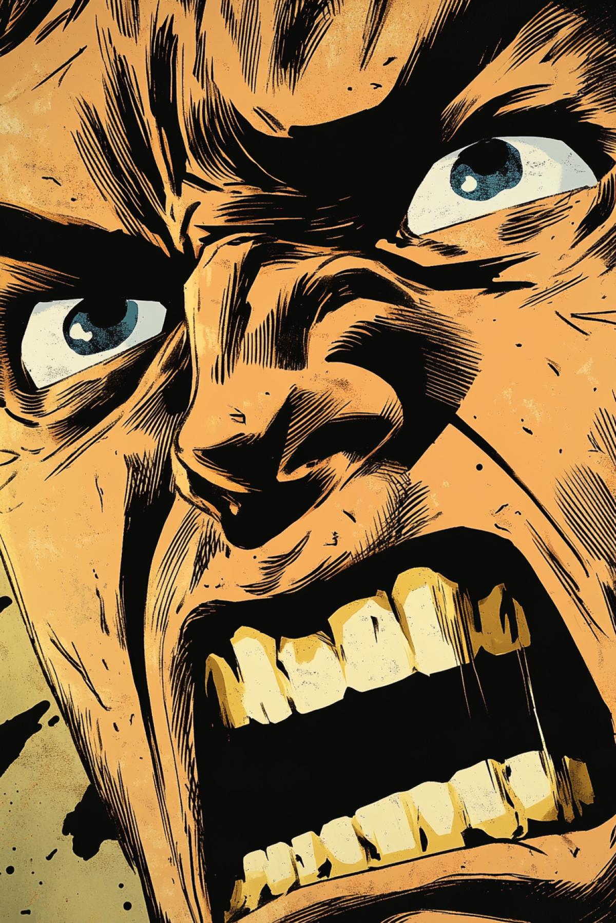 The face of a broken person is complete anger, a close angle, Retro Comic Book Style, Comic Book
