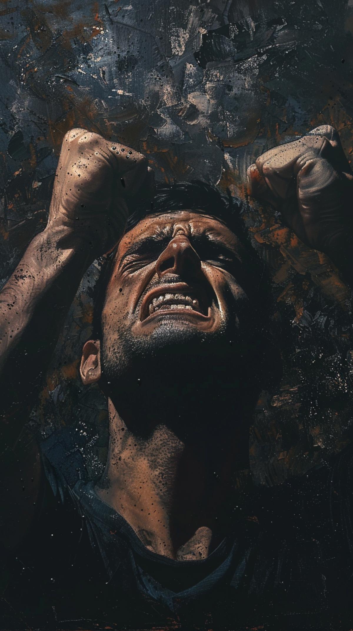 A man is angry: 4k, face, hands clenched into a fist, one hand is raised to the sky, painting in the style of Michelangelo, automaker quality, maximum details