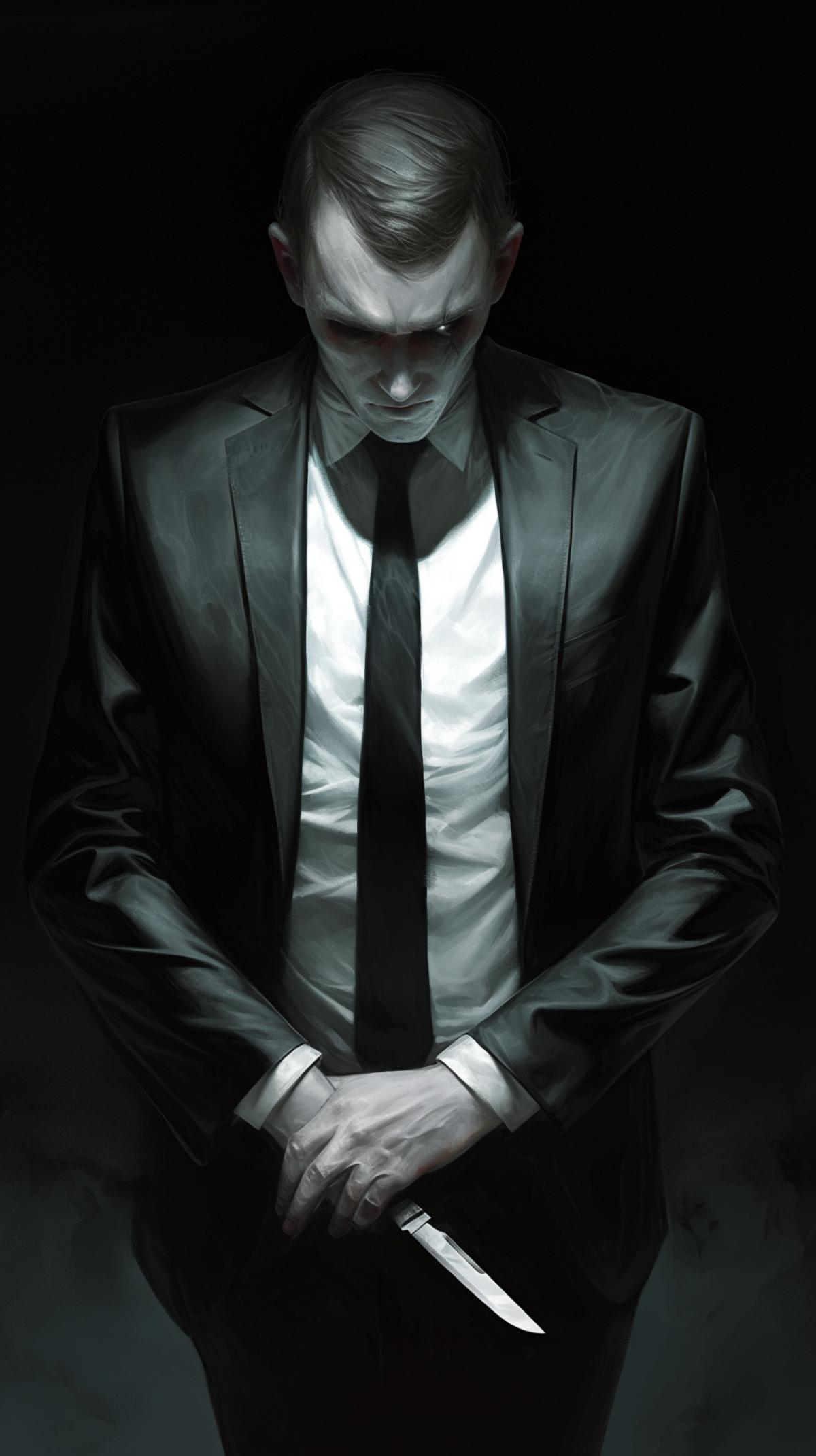 a man with dark eyes and a white face like a mannequin in a business suit looking down from top to bottom, proud look, white glint in his eyes, cold anger emotions, holding his hands behind his back, from behind his back you can see a knife, horror style, darkness, photo realistic, hyper realistic, hyper detailed, by Jakub Rozalski style, Gerald Brom