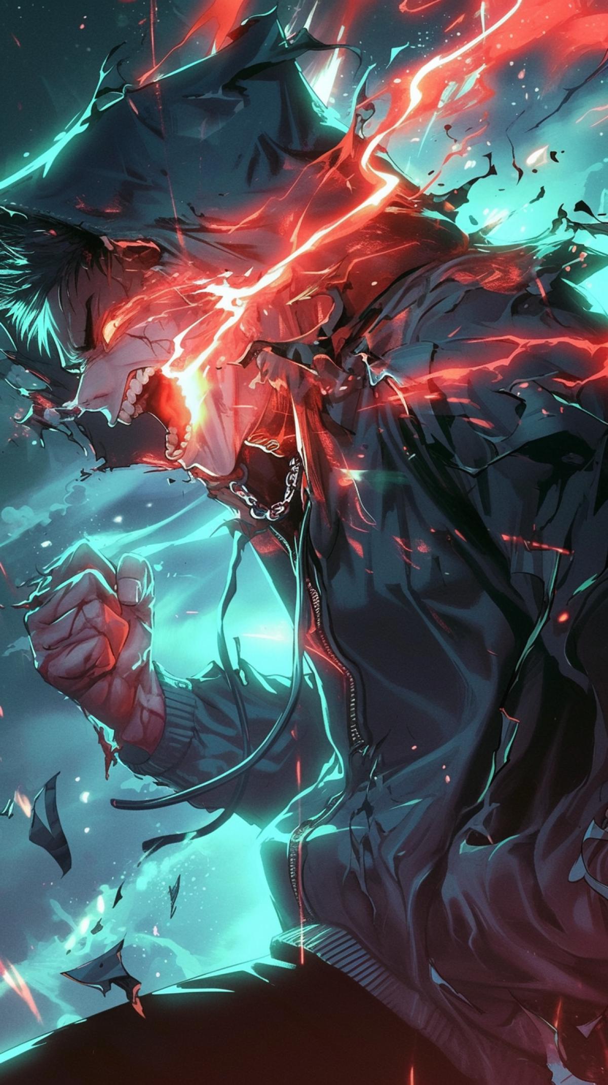 drawing artistic digital image of anger boy,action movie scene, hoody, pulse energy,magic red liquid energy strike,speed affect ,dark energy , high detail costume, high detail environment, in the style of thiago valdi, light dark and red liquid, realistic depiction of light, light blue and white