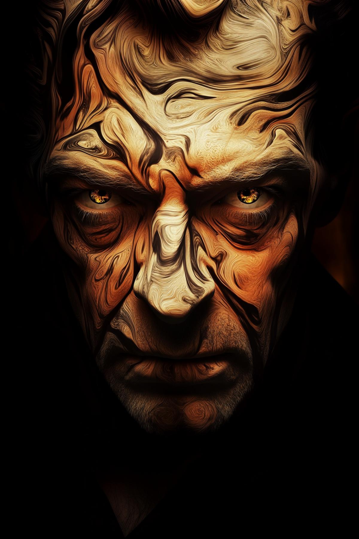 Emotspi anger, factorper male face with facial wrinkles, clear details, minimalism realistic image, flickering, photoshop, psychedelic
