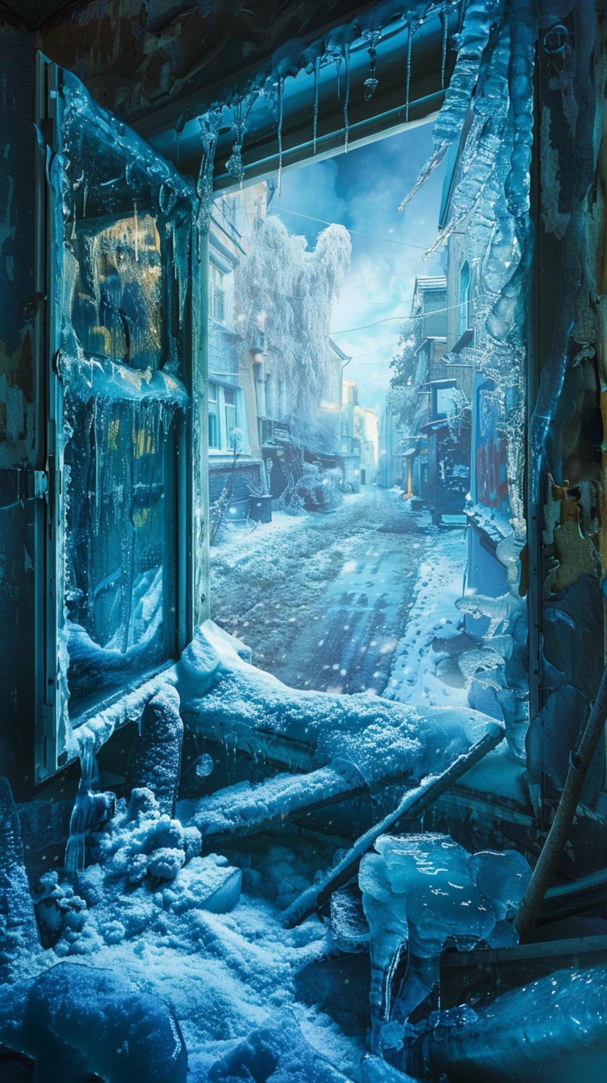 A room in ice, an open window onto a frosty street, icicles frozen on everything after freezing rain, the atmosphere of an icy apocalypse