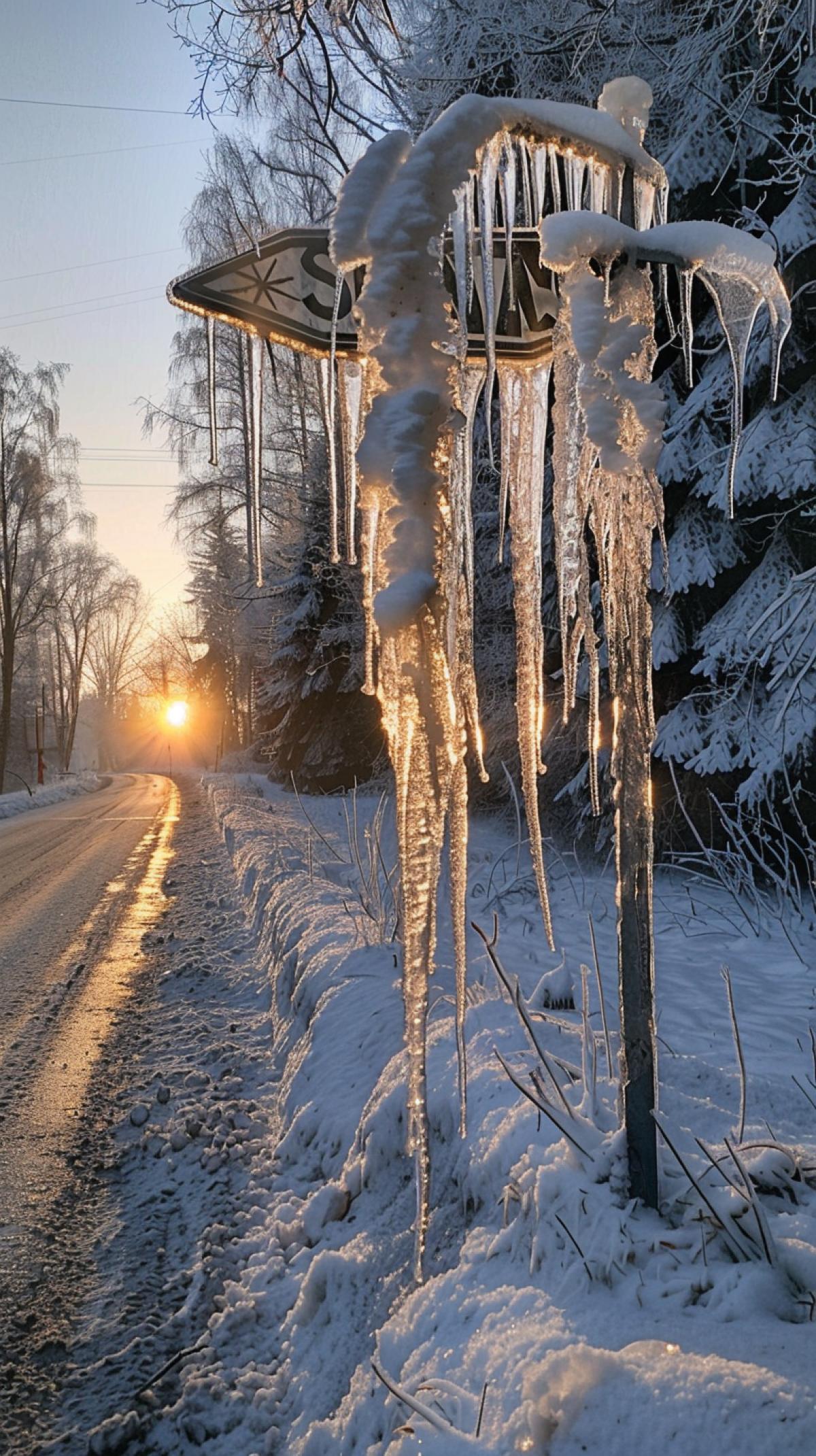 On the side of the icy road there is a road sign in icy icicles, the atmosphere of the north, the sun illuminates the icicles and they sparkle
