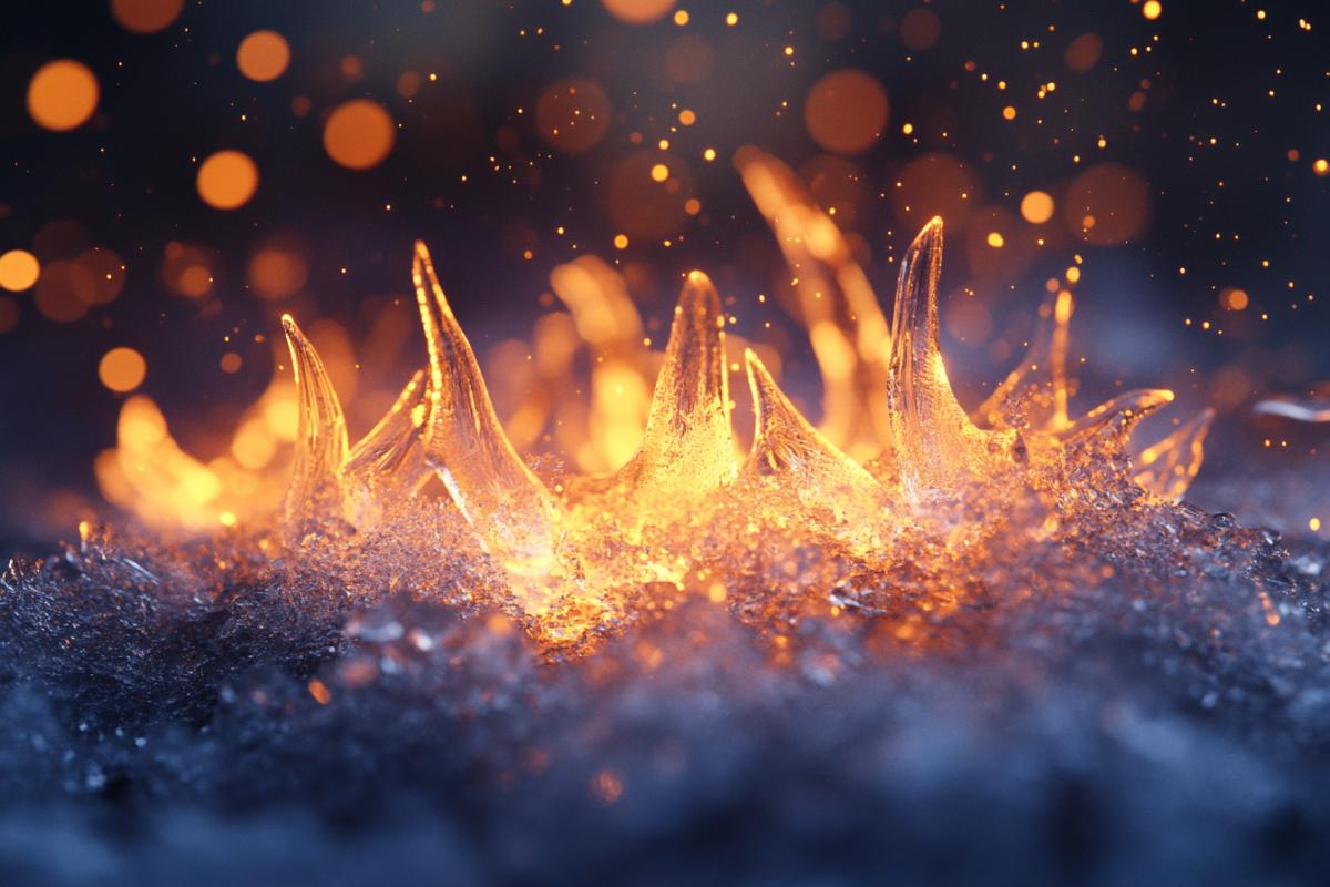 Costa fire frozen in transparent ice close-up 3d magic sparks prana fire inside the ice