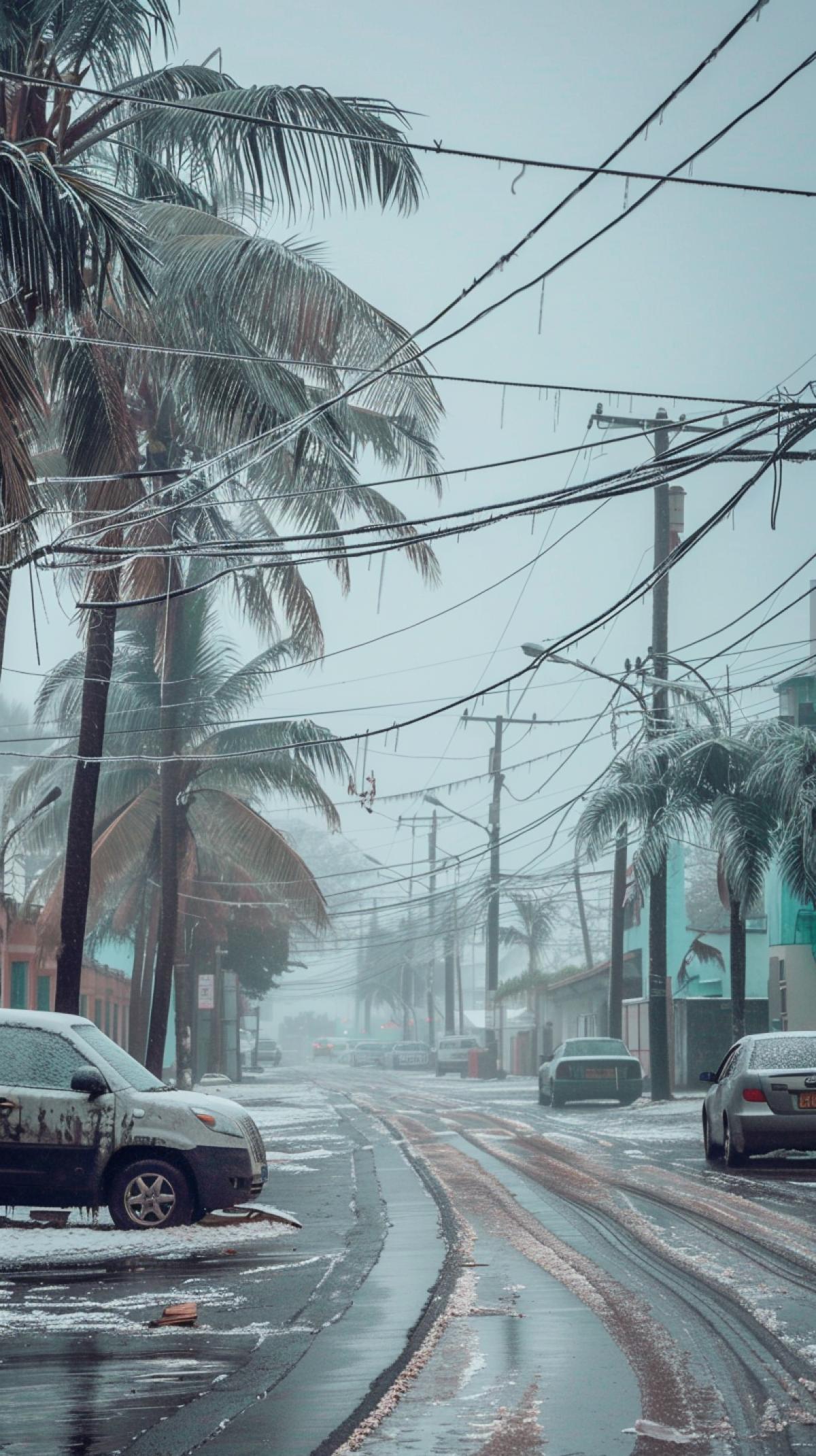 A photograph of the consequences of icy rain on the street of a tropical city, palm trees, wires, cars in ice