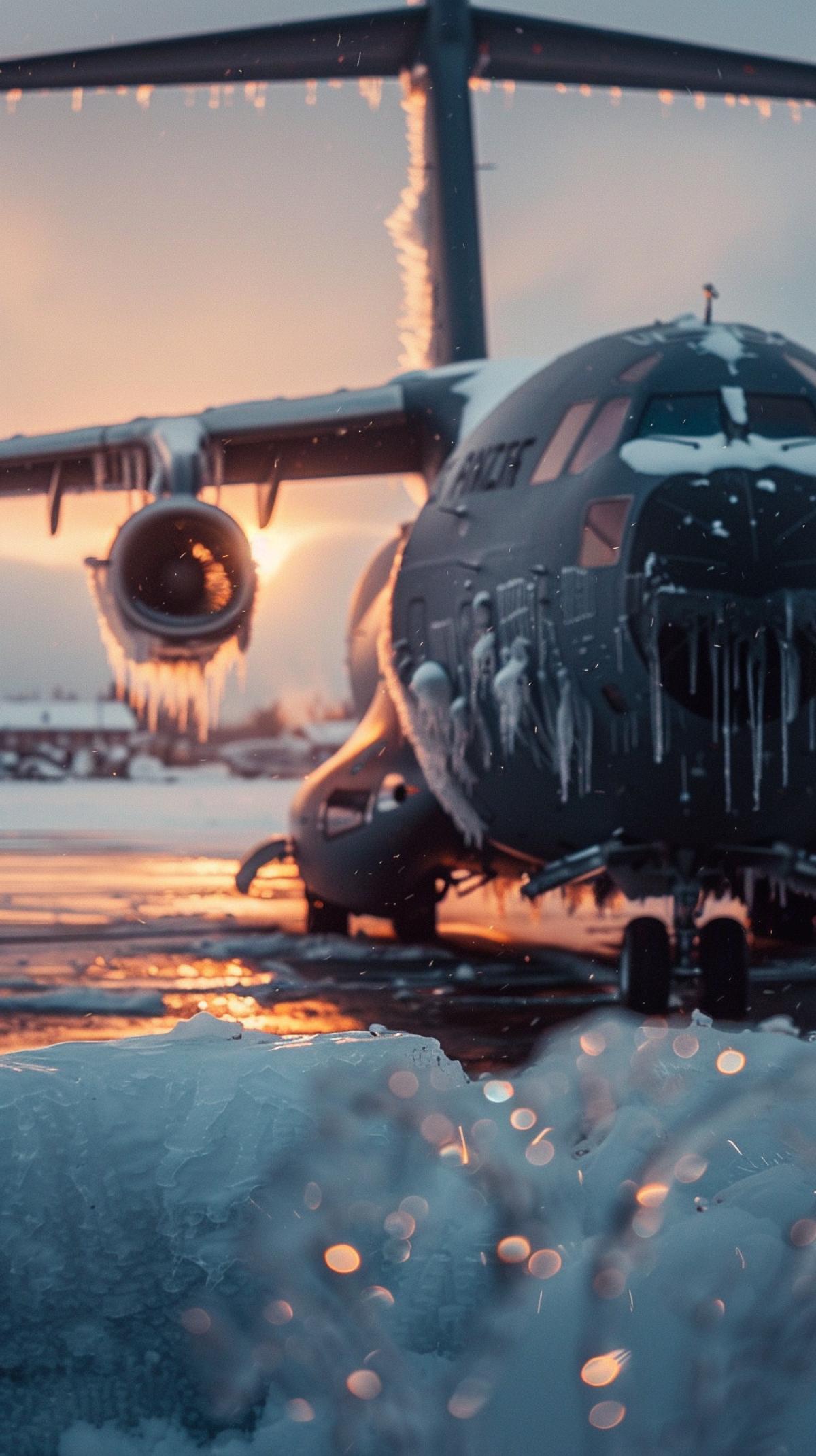 Military plane at the airfield after freezing rain with wind, icicles frozen under gusts of wind, sparkling ice