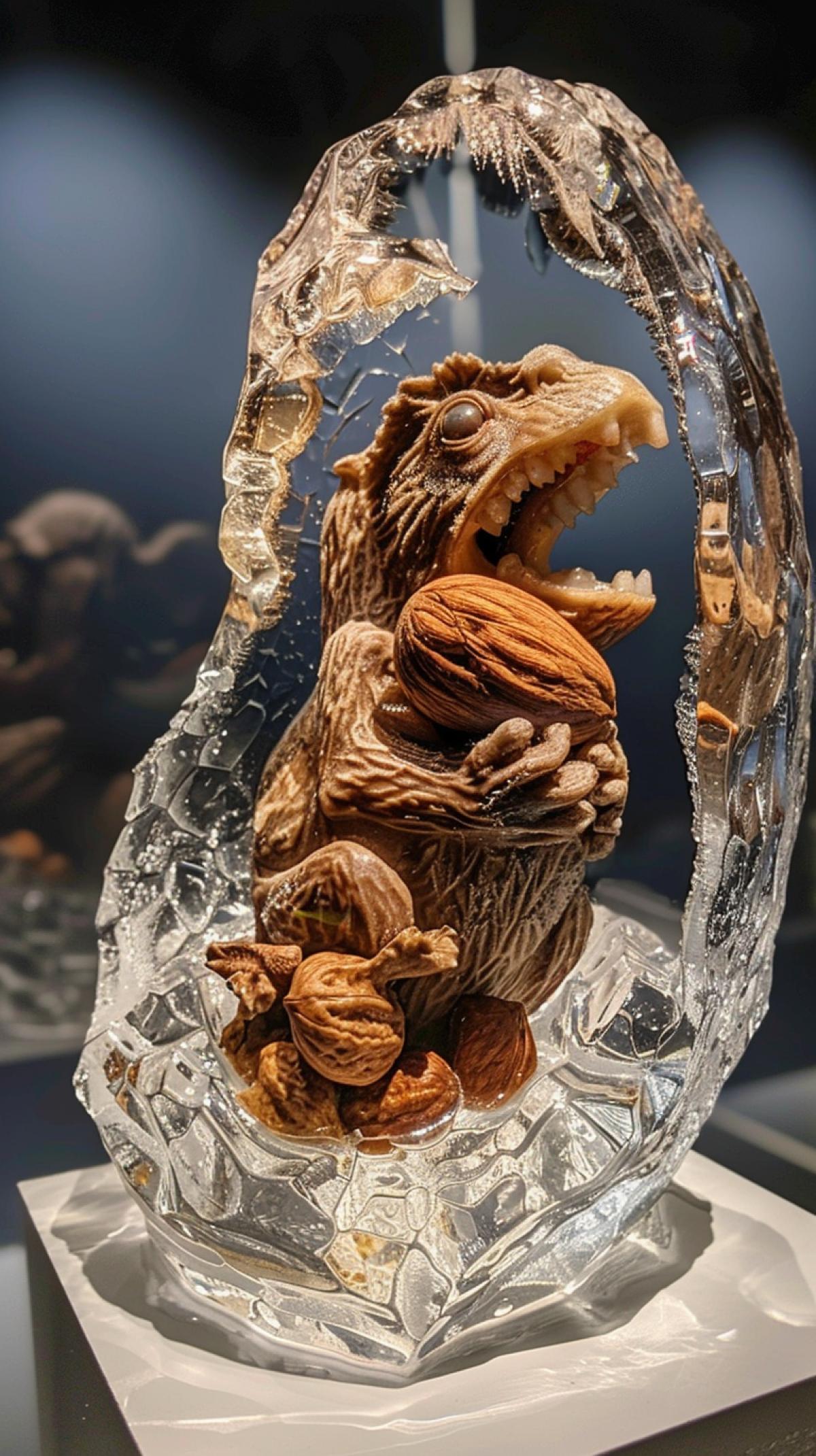 Sabbeltoothed protein hugging walnutsfree nuts in a piece of transparent ice, museum exhibit