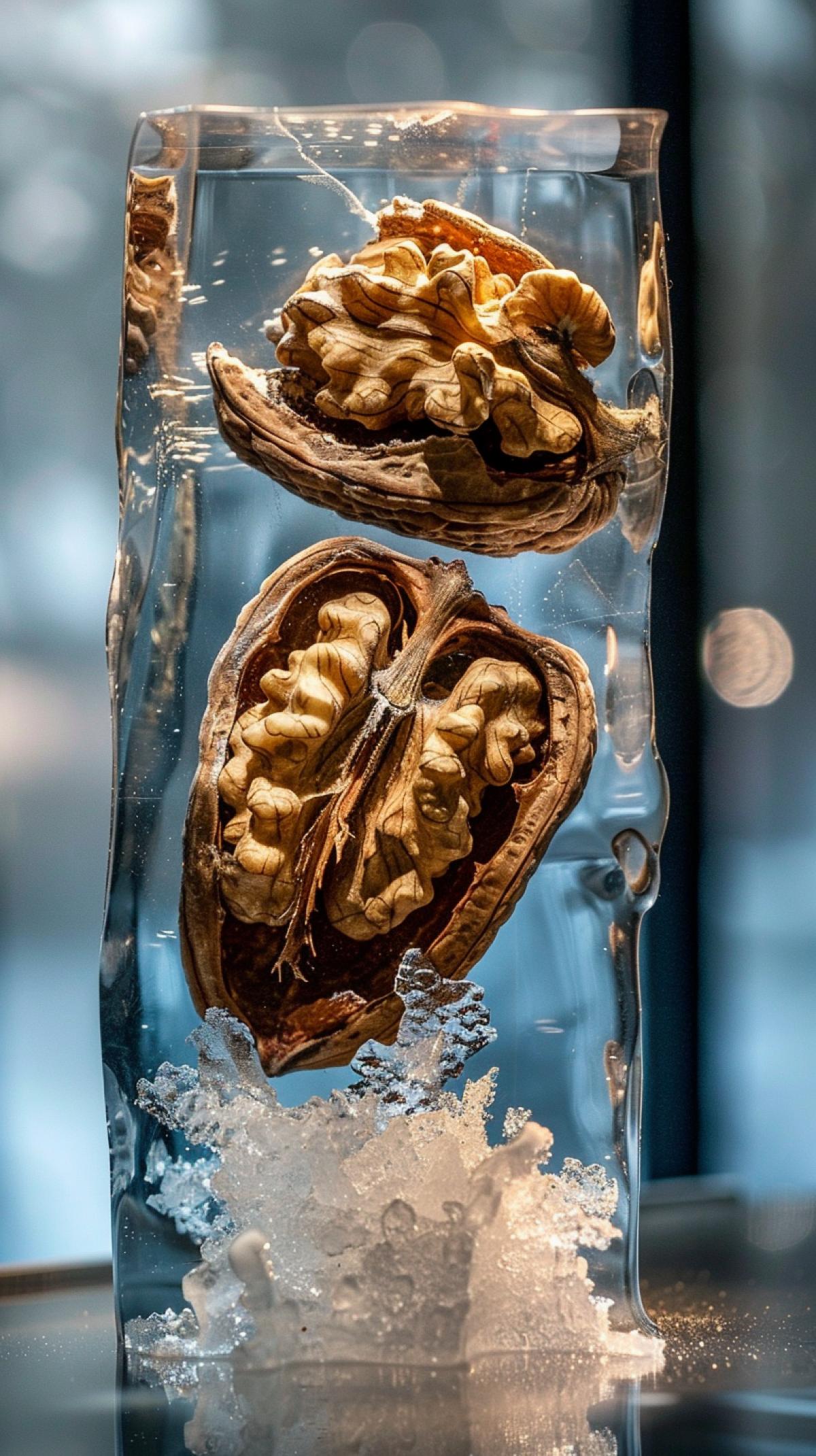 Sabbeltoothed protein hugging walnutsfree nuts in a piece of transparent ice, museum exhibit
