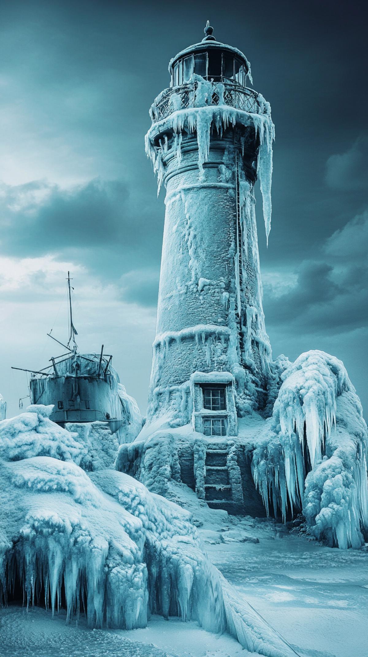 an icy lighthouse and a ship, an ice storm, big icicles, an ice apocalypse, hyper-prepared hyper-realistic photography
