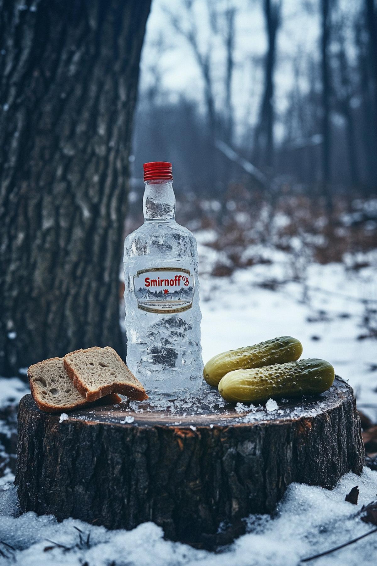 In a coniferous winter forest, a frozen ice bottle of Russian vodka \"Smirnoff\" stands on a stump. Next to the bottle lie two pickles and a piece of rye bread.