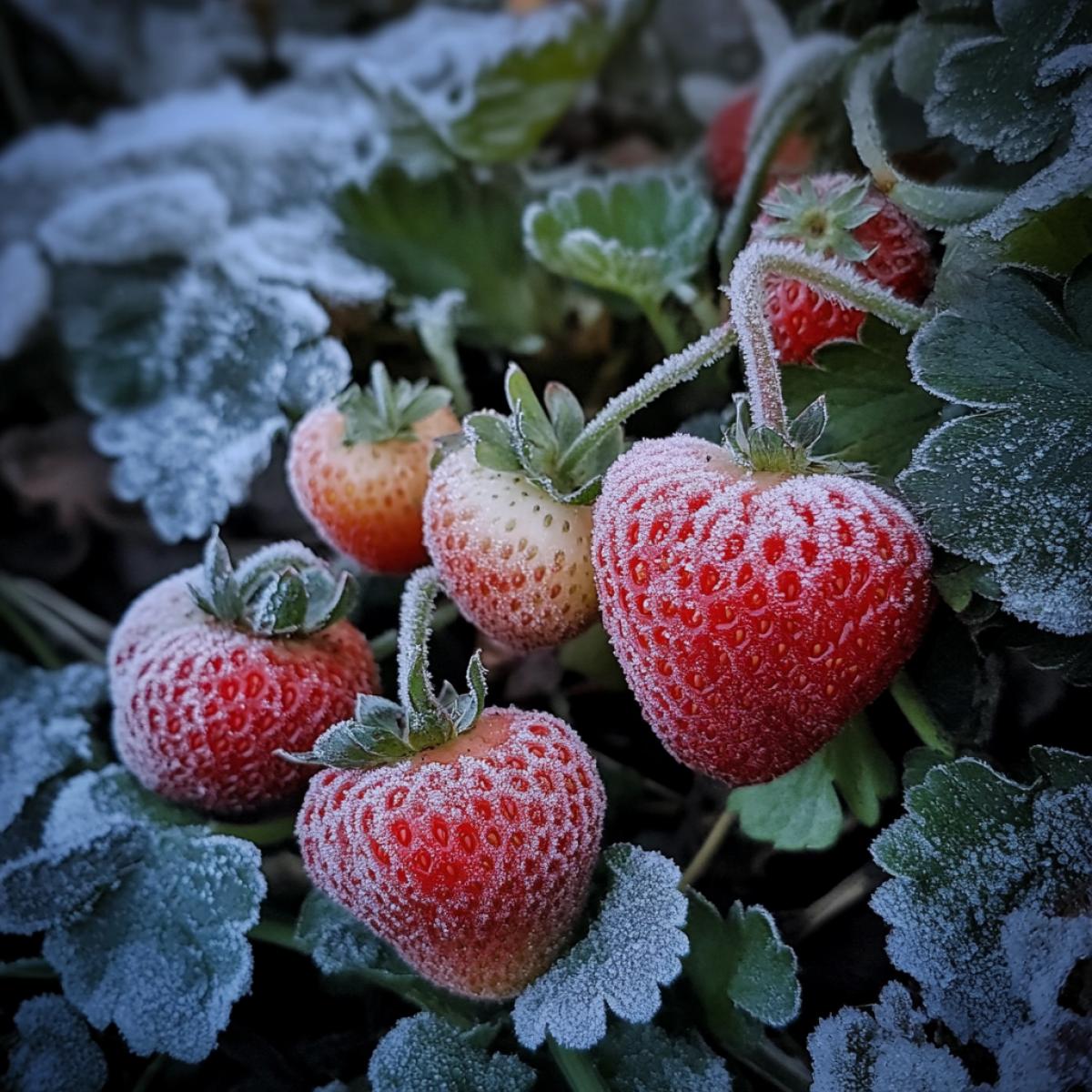 frozen strawberries in the garden, large