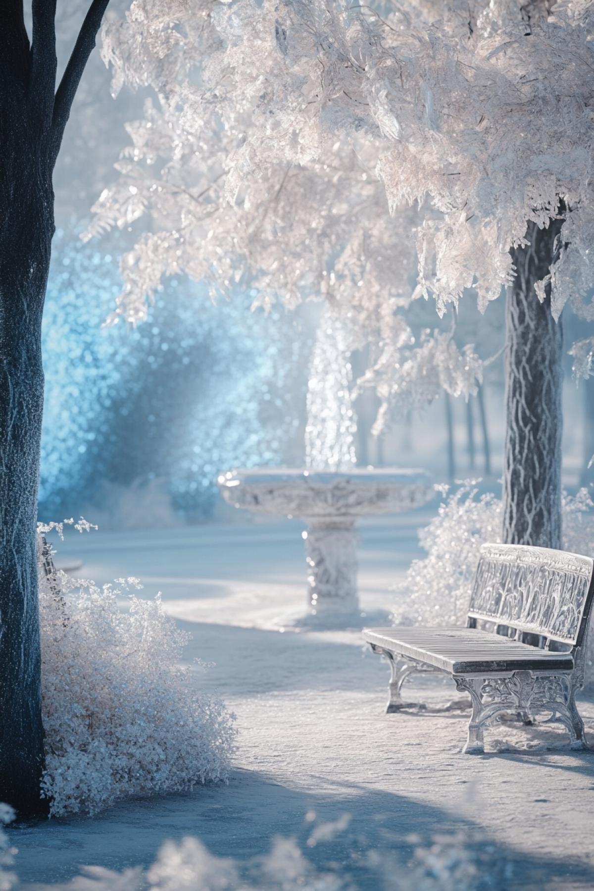 A city park, frozen in ice captivity, frozen trees with crystalline branches, benches covered with hoarfrost, a fountain turned into icy sculpture, pale blue and silver tones, morning light, breaking through fog, realistic style, depth of sharpness, ice and snow texture , glare on frozen surfaces, contrast of cold shades, atmosphere of silence and peace, shadows from trees, a fantastic element soaring ice spheres.