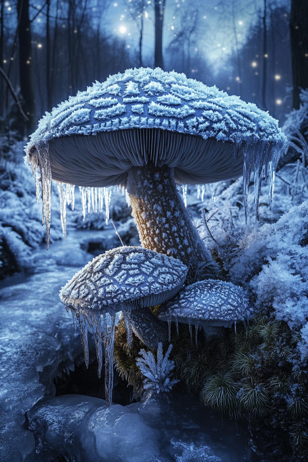 A forest clearing captured in eternal winter, big mushrooms covered with ice patterns, a frozen stream with transparent ice through which frozen fish are visible, blue and white color palette, moonlight reflecting on crystals, realistic style, depth of field, ice and moss textures, an atmosphere of mystery, northern lights on the horizon, a fantastic element glowing ice flowers.