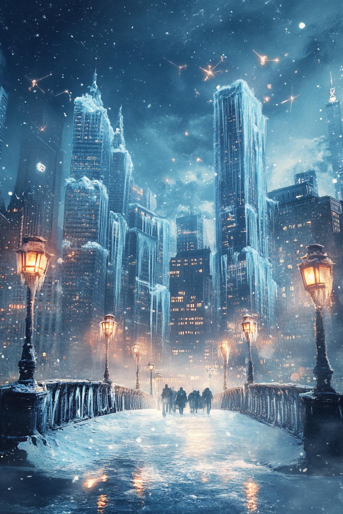 A fantastic city, completely frozen in time, ice skyscrapers with frozen silhouettes of people inside, bridges decorated with icy arches, lanterns, flickering through yoke, dark blue and silver tones, starry sky, realistic style, depth of sharpness, texture of glass and ice, atmosphere Apocalyptic beauty, a fantastic element flying crystals emitting cold light.
