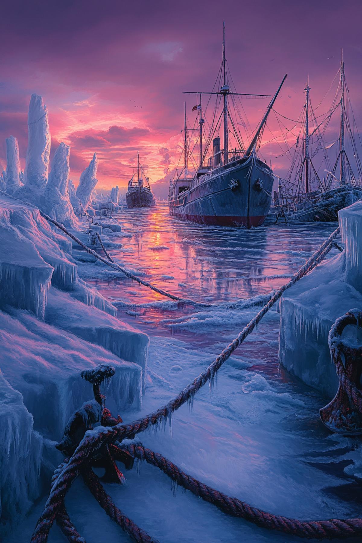 The seaport, constrained by ice, ships, ragged into ice blocks, ropes and anchors covered with hoarfrost, icebergs against the backdrop of a sunset sky in pink and purple tones, realistic style, depth of sharpness, texture of ice and rusty metal, contrast of cold and warm shades, reflection In transparent ice,
