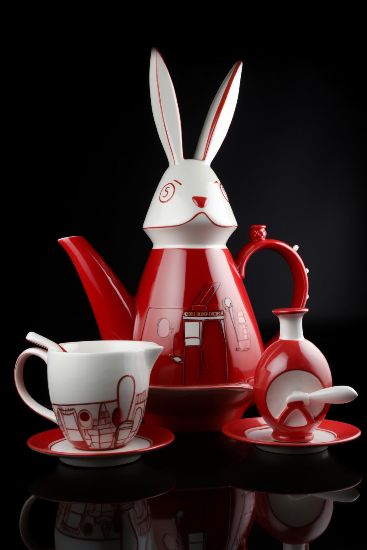 A set of creative utensils, a kettle in the form of a white rabbit that jugles cups, style fabulous futurism in red colors