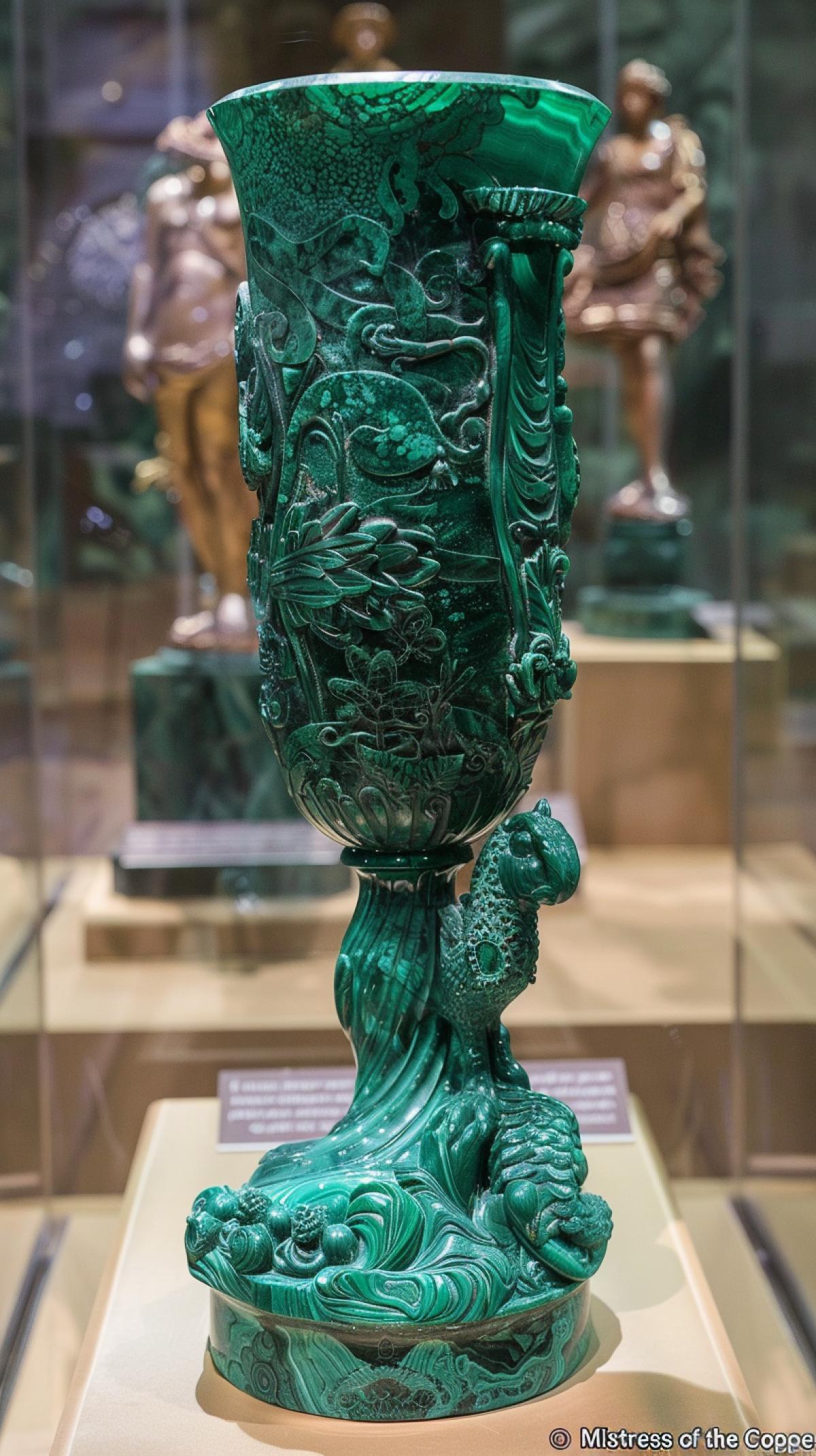 A glass for wine from a malachite in the form of a e of Bazhov’s tales \"Mistress of the Copper Mountain\", attributes of Bazhov’s fairy tales, frosty patterns on a pedestal in the museum,