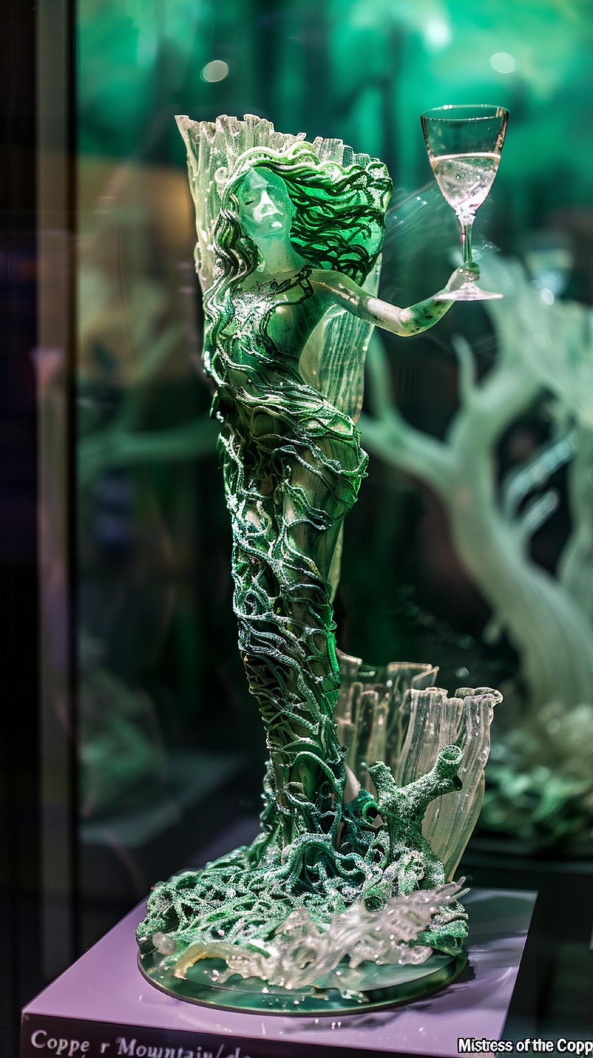 A glass for wine from a malachite in the form of a woman with long hair the e of Bazhov’s tales \"Mistress of the Copper Mountain\", attributes of Bazhov’s fairy tales, frosty patterns on a pedestal in the museum,
