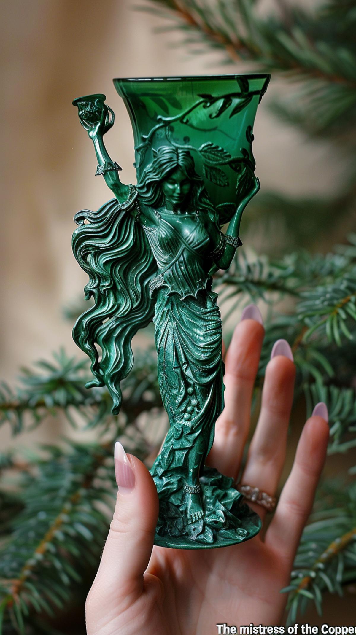 In the hands of a girl in a liafe slove, a glass for wine from a malachite in the form of a woman with long hair the e of Bazhov’s tales \"The mistress of the Copper Mountain\", the attribute of the tales of Bazhova Lizard, frosty patterns.