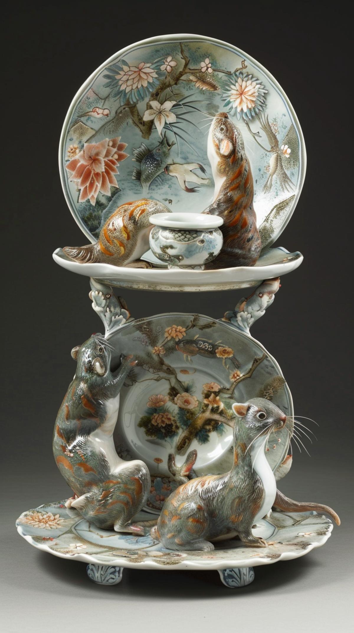 Stylized dishes under animals, exhibition