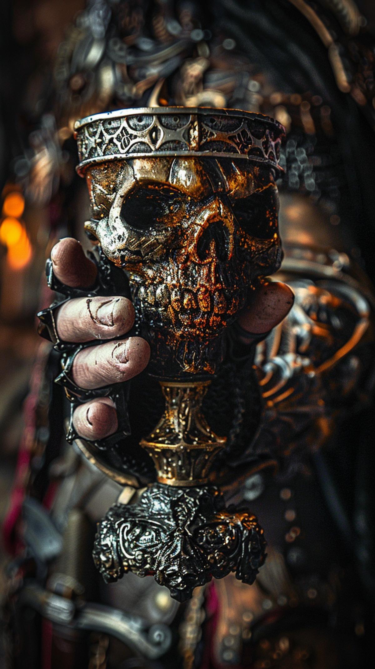 Cup from the skull of the orc from the Warhammer universe in the hands of the emperor, the atmosphere of the festive feast Warhammer
