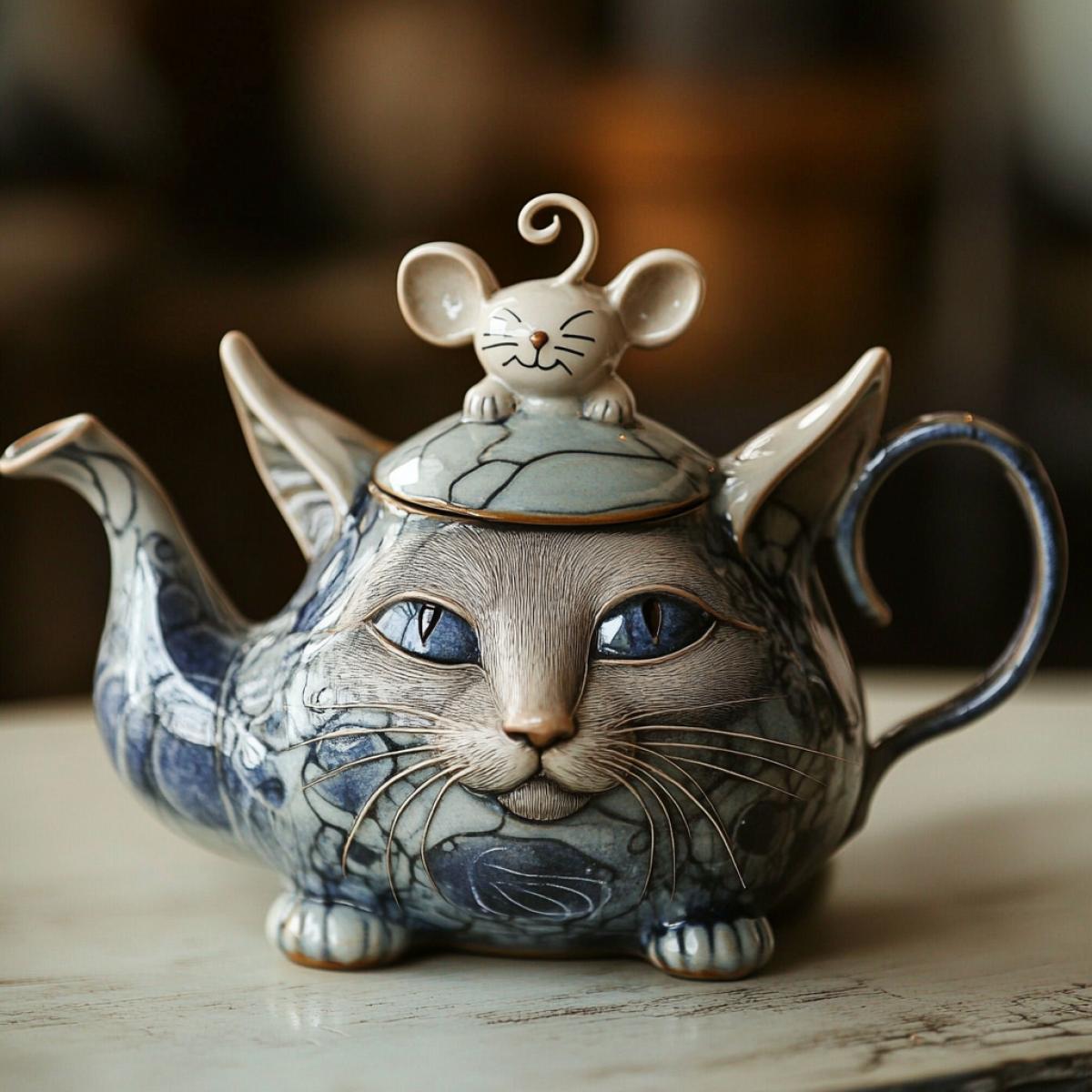 An unusual fantastic kettle porcelain, in the form of a cat’s head, with a mustache. The cover of the teapot in the form of a mouse from porcelain. Surrealism. High quality photos, small details. Artistic work