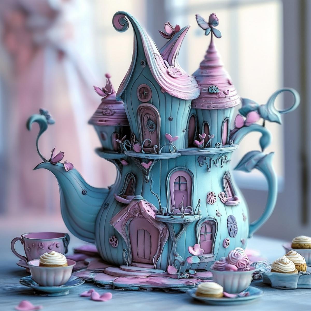 Unusual fantastic teapots and cups, nearby cake meringues. Turquoise and pink colors. A kettle in the form of a fairy fairy tale house on 3 floors, windows, doors. Cups in the form of flowers. Disney, cartoon, science fiction, crazy tea party. High detail