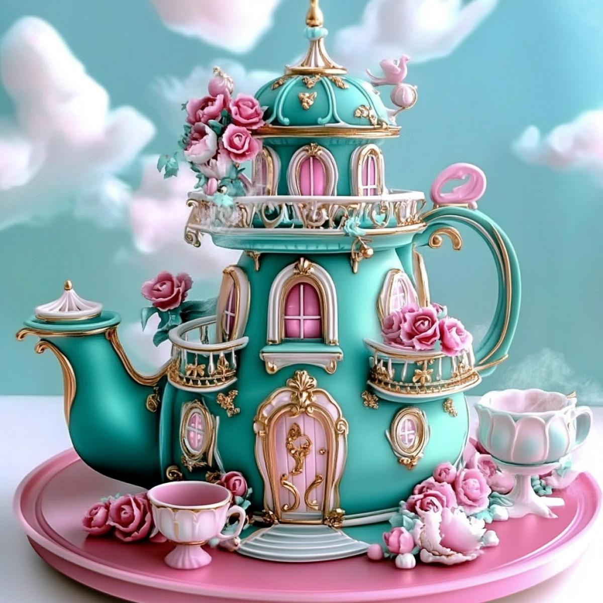 Unusual fantastic kettle and cups, cake. Turquoise and pink colors. A kettle in the form of a fairy fairy tale house on 3 floors, windows, doors. Cups in the form of flowers. Disney, cartoon, science fiction. Clouds. High detail