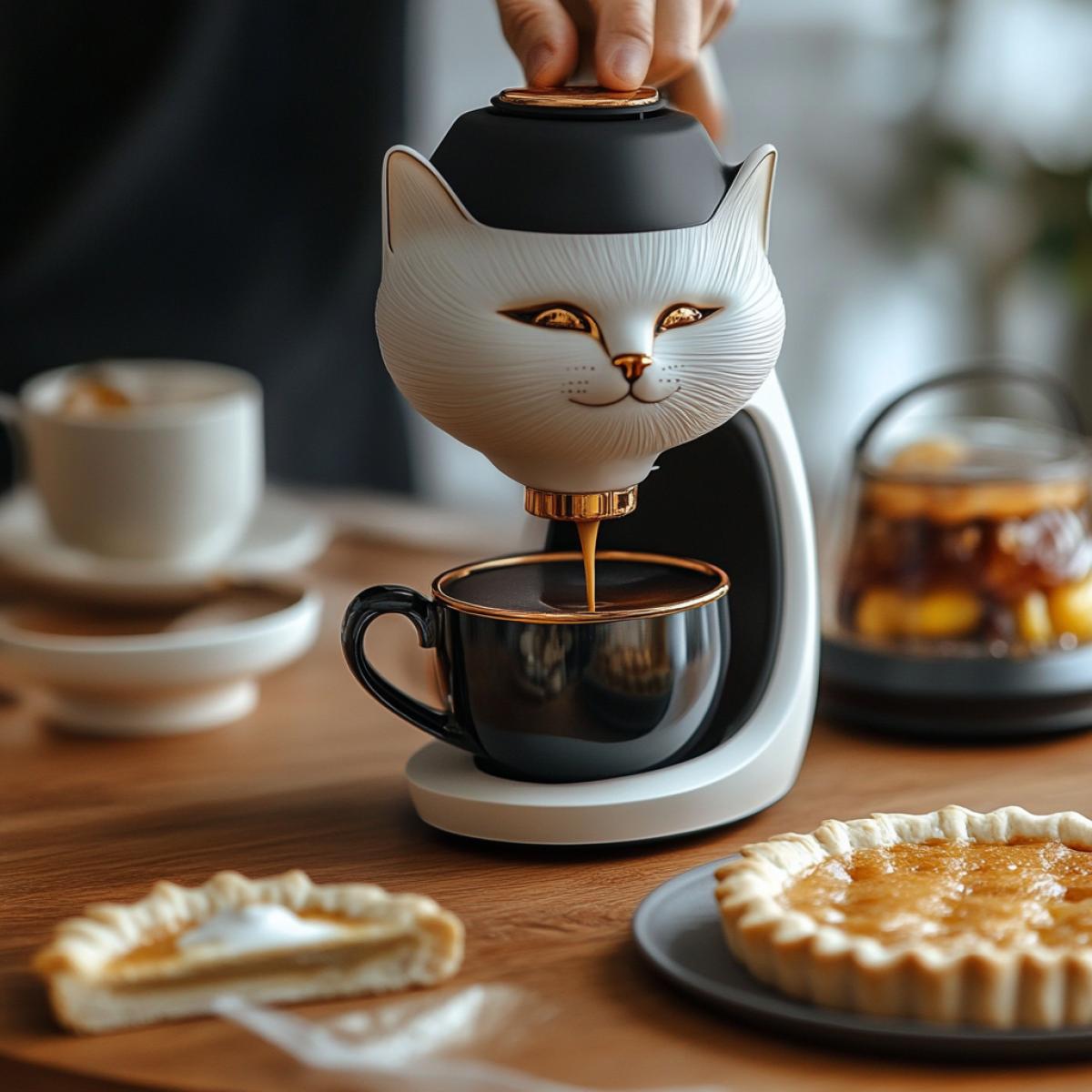 Coffee maker modern in the form of a cat. Coffee with coffee coffee coffee makers in a mug is pouring. Pies jelly near the table in the form of cats. Fantastic. Photo of high quality. Surrealism