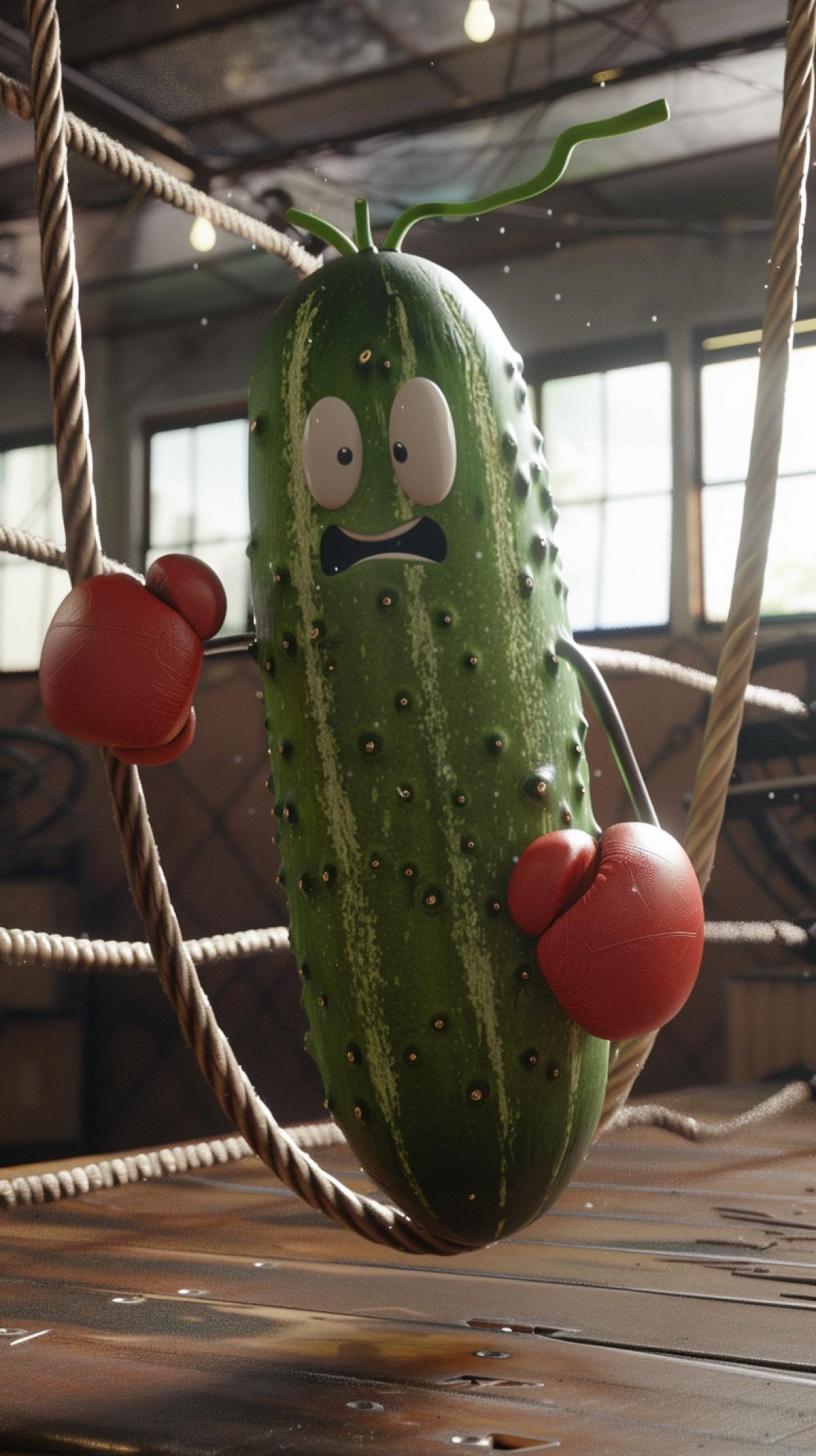 Cucumber jumps on a rope in a boxing room