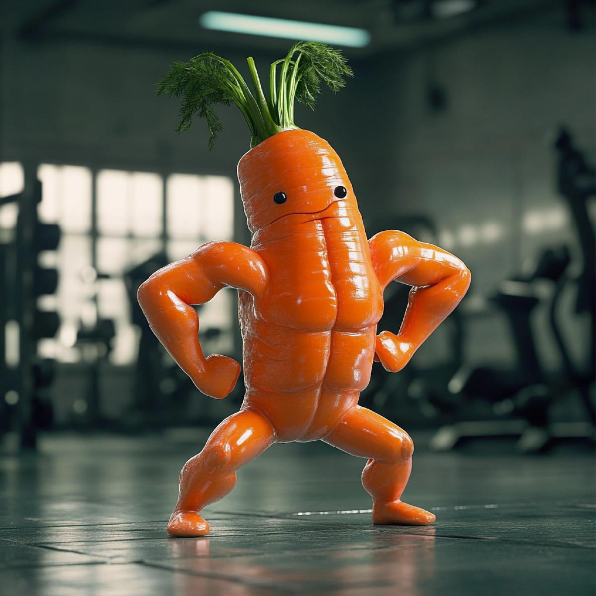 A fantastic character carrot with his head with arms and legs, with muscles, in a sports , a builder, in a gym is engaged in a simulator. Highquality photos, surrealism