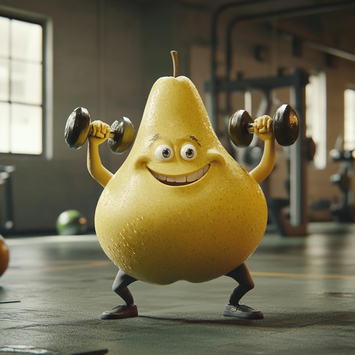 A fantastic character a pear smiles with his head with his hands and legs, with muscles, in a , a builder, in a gym, holds his hands over his head with dumbbells. Highquality photos, surrealism