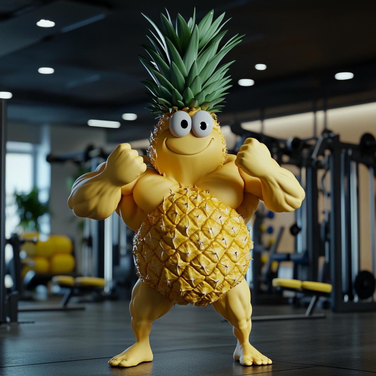 The character bleder in the form of pineapple, with his hands, shows the pumped muscles in the gym. Highquality photo 4K