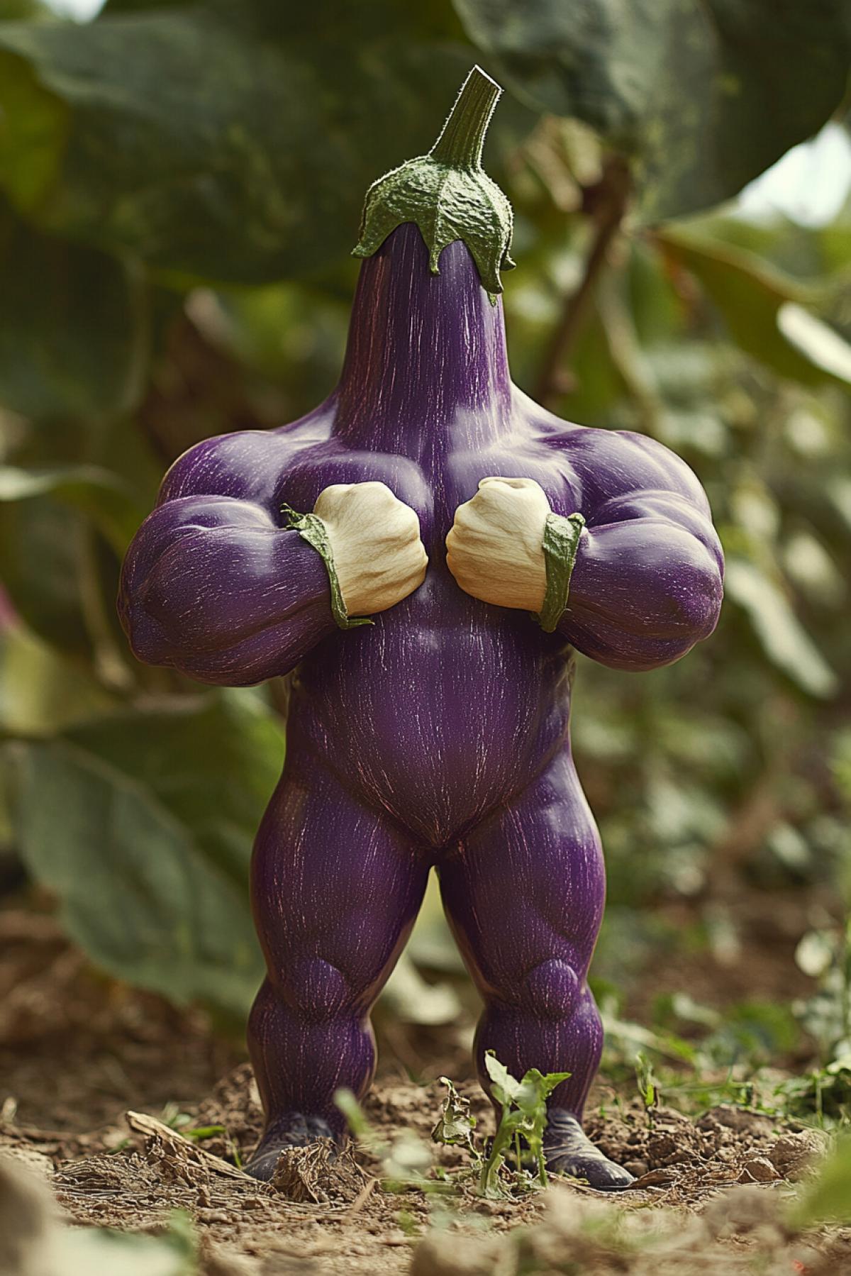 Eggplant in the form of a man of a muscular shock of a builder