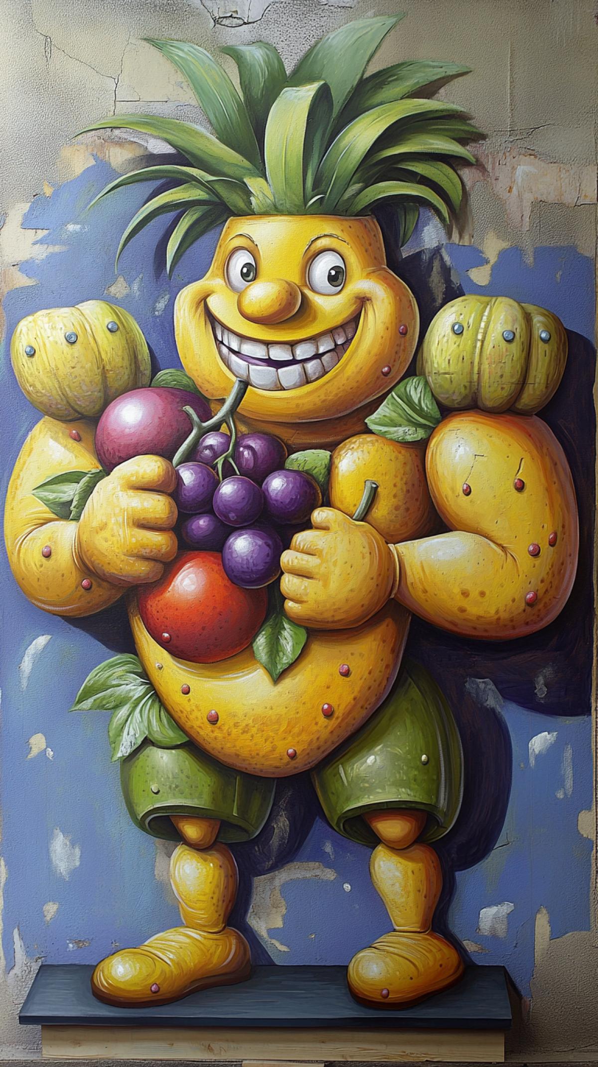 Painted anthropomorphic fruit Grushka builder, in the gym