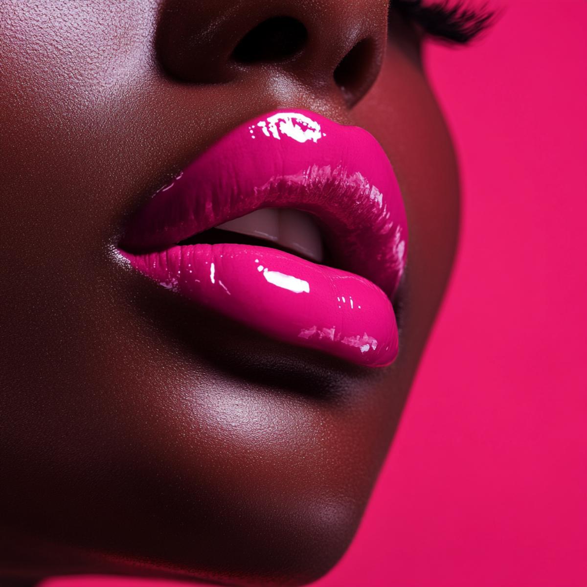 Beautiful female lips are dark-skinned girl, glossy, bright pink, glossy, wet. Highquality photos 4K, spectacular, volume