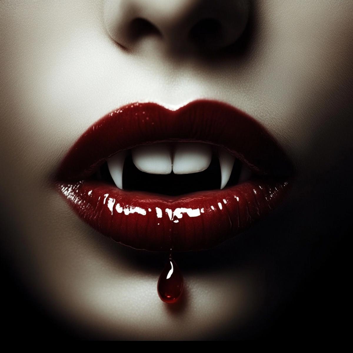 The lips of the girl of the vampire, bright red, fangs, a drop of red liquid. Photo of high quality. Spectacular