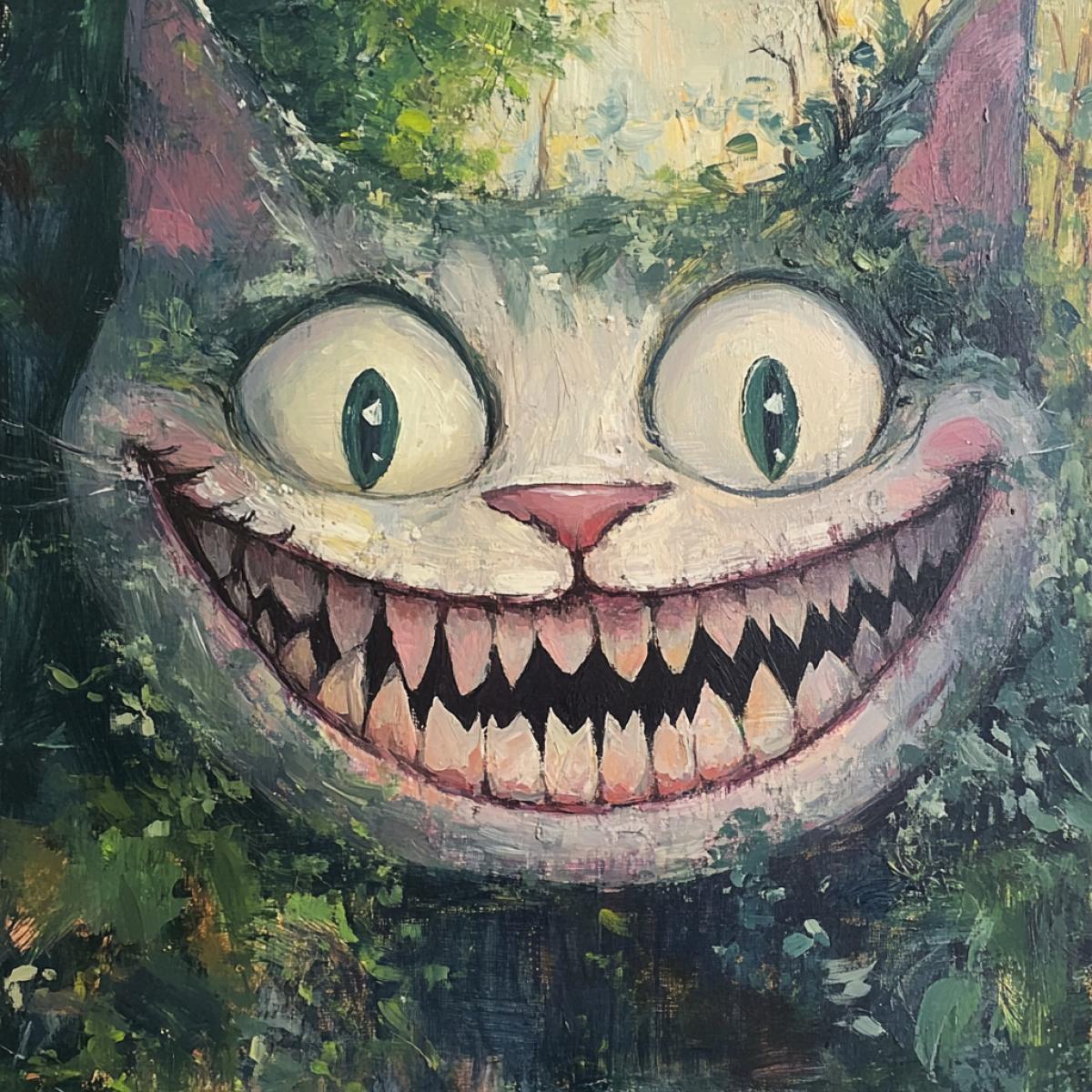 Against the backdrop of foliage and trees, a wide good smile of an invisible good Cheshire cat, super closeup, thin pink lips, sharp cats teeth