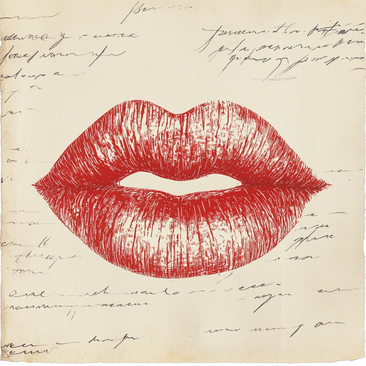 A print of red lipstick in the form of a kiss in a love letter, instead of printing and signatures