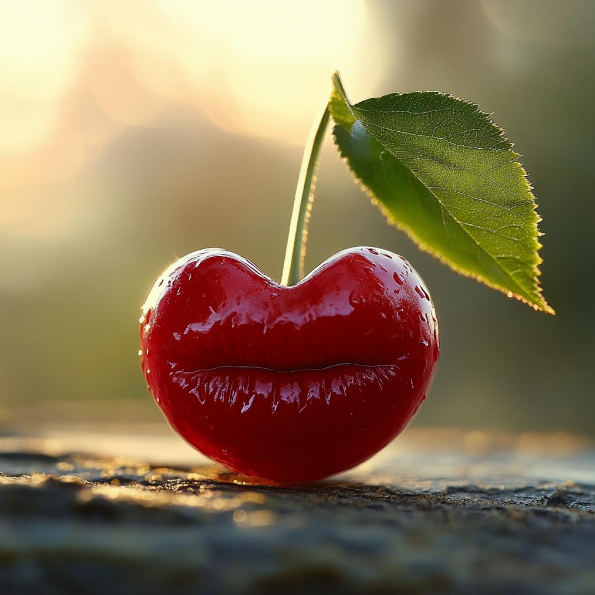 One large ripe juicy cherry berry in the form of womens lips, photo of the highest quality, small depth of sharpness, blurry background, berry very clearly, backlight