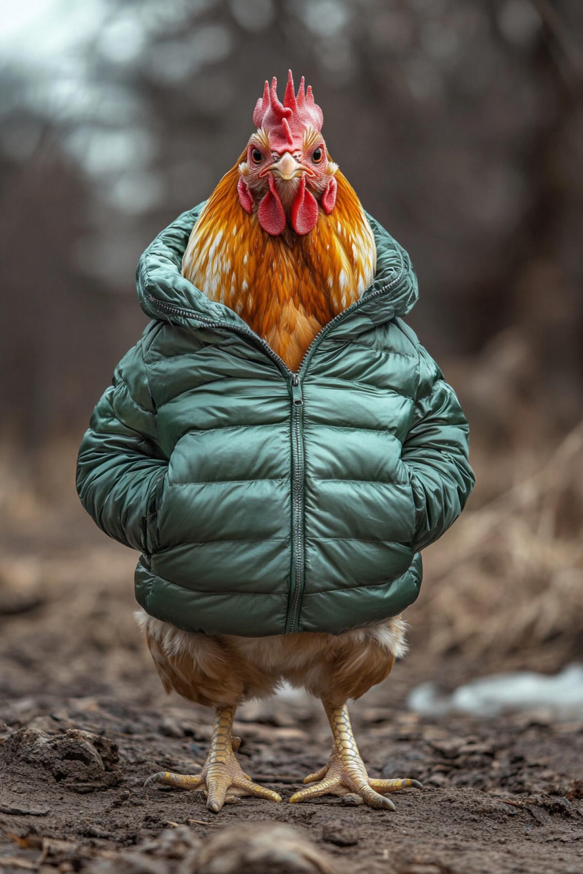 Grif chicken in a down jacket advertising