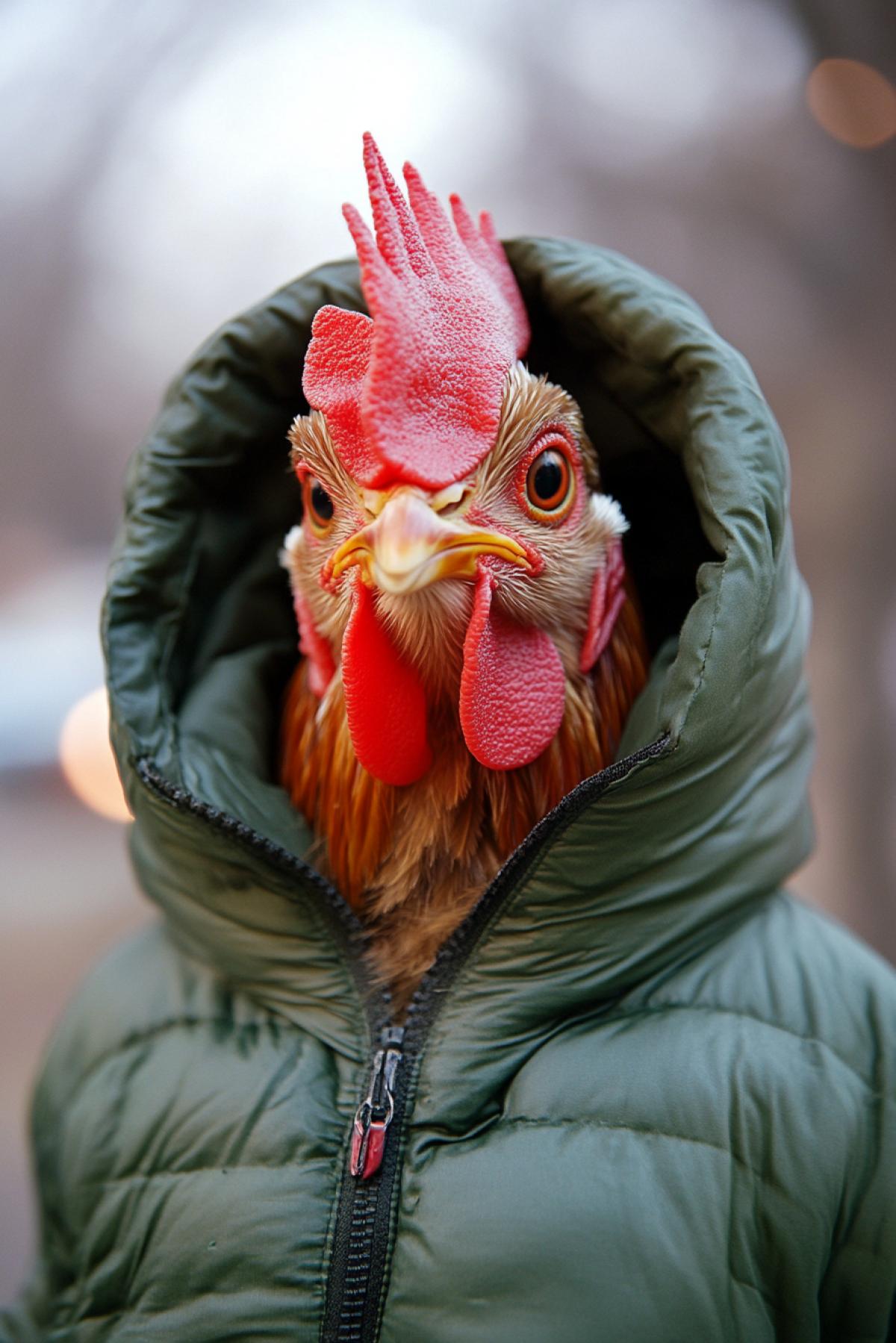Grif chicken in a down jacket advertising