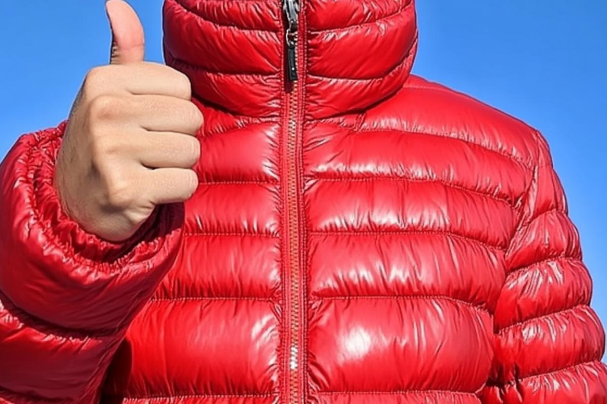 Creative advertising of a down jacket, in the photo deltaPlainer, who plans against the sky, shooting from the ground, instead of a deltaplane a cool modern fashion down jacket