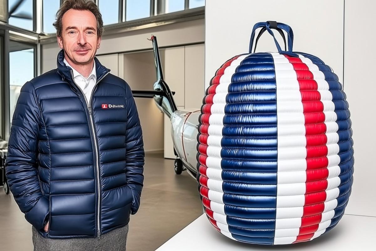 Creative advertising of a down jacket, in the photo deltaPlainer, who plans against the background of the earth, at the height of a birds flight, shooting from a helicopter, instead of a deltaplane a cool modern fashion down jacket