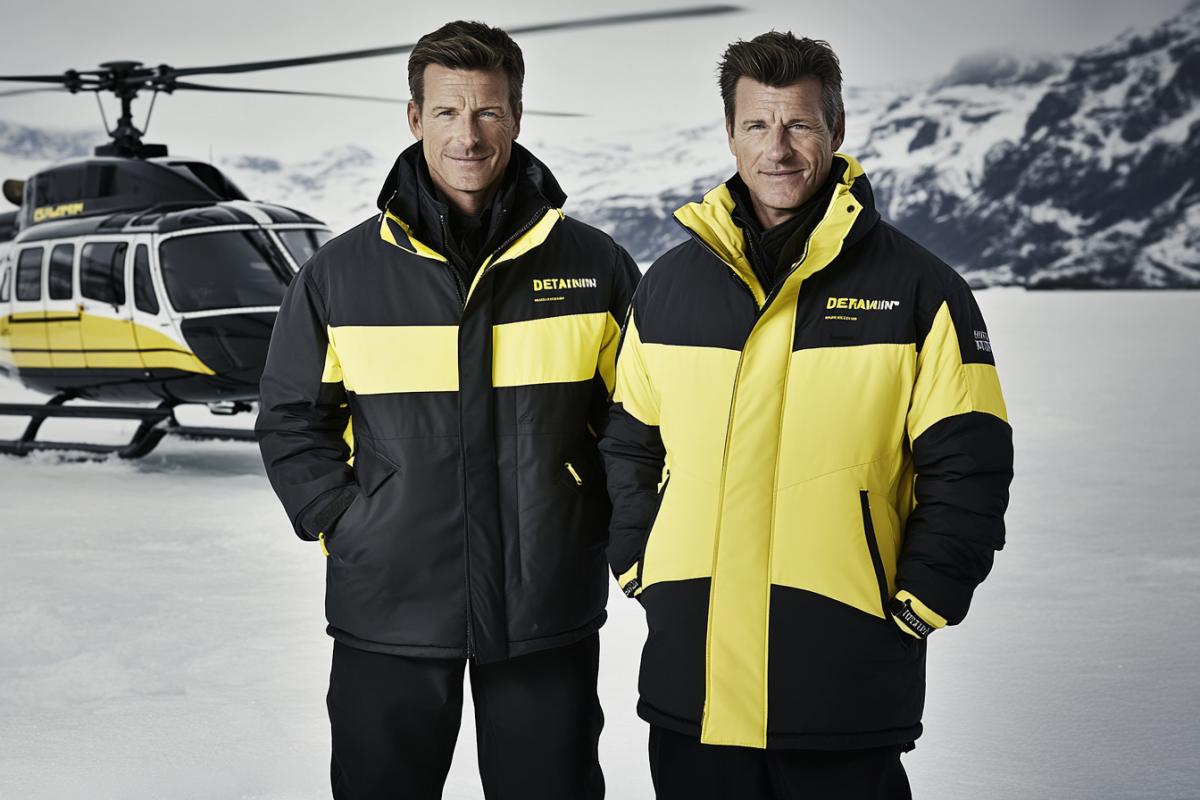 Creative advertising of a down jacket, in the photo deltaPlainer, who plans against the background of the earth, at the height of a birds flight, shooting from a helicopter, instead of a deltaplane a cool modern fashion down jacket