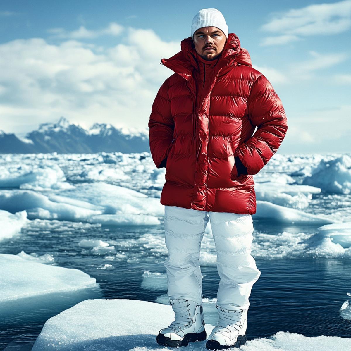 Actor Leonardo DiCaprio in a red, bright beautiful down jacket Moncler, in a white hat, white trousers, stands on an ice floe in the ocean, is cold. Kinematographic, advertising of the down jacket Moncler