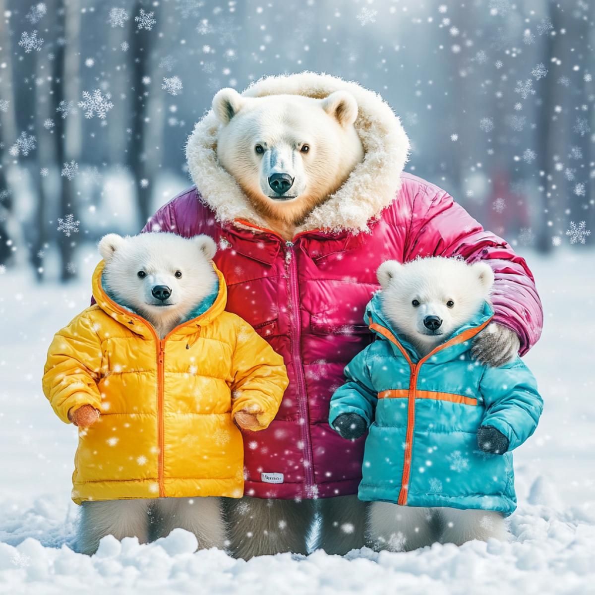 White bears, mother bear, dad bear, bear cub in bright multicolored down jackets, with fur hoods. White snow, snowflakes. Photo of high quality. Kinematographic.