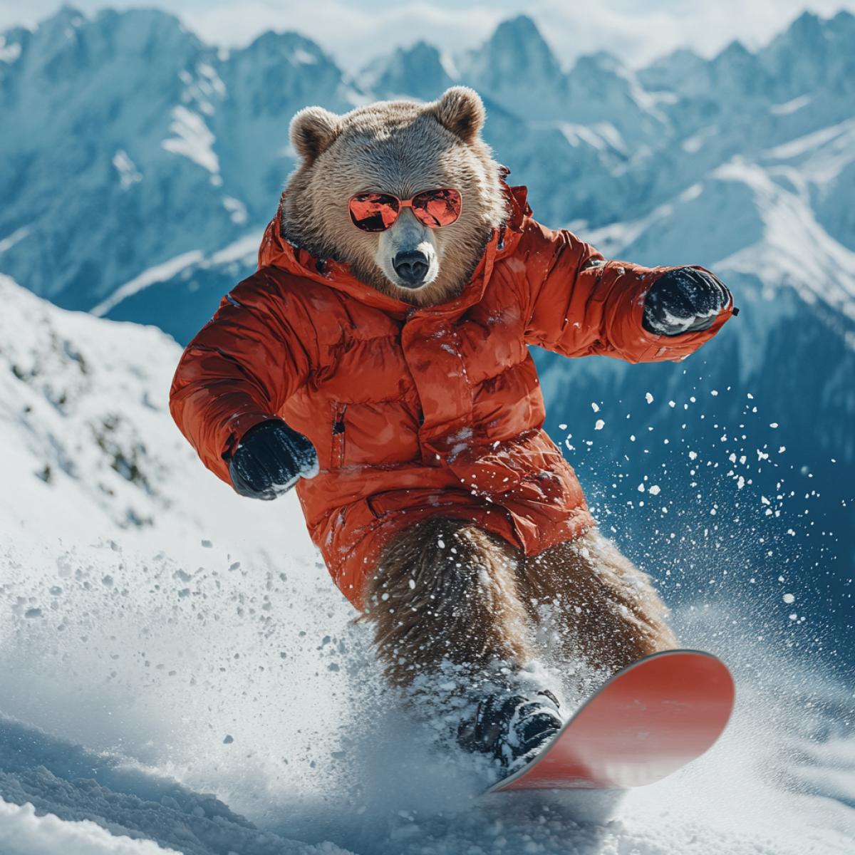 A charismatic bear is traveling on a snowboard in the snow in a bright red down jacket, snowflakes, movement, wind. Against the background of the mountains, snow. Kinematographic. Highquality photo 4K