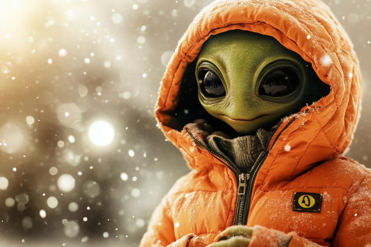 Green alien with dark large almondshaped eyes in an orange down jacket at the North Pole, heating around the bon