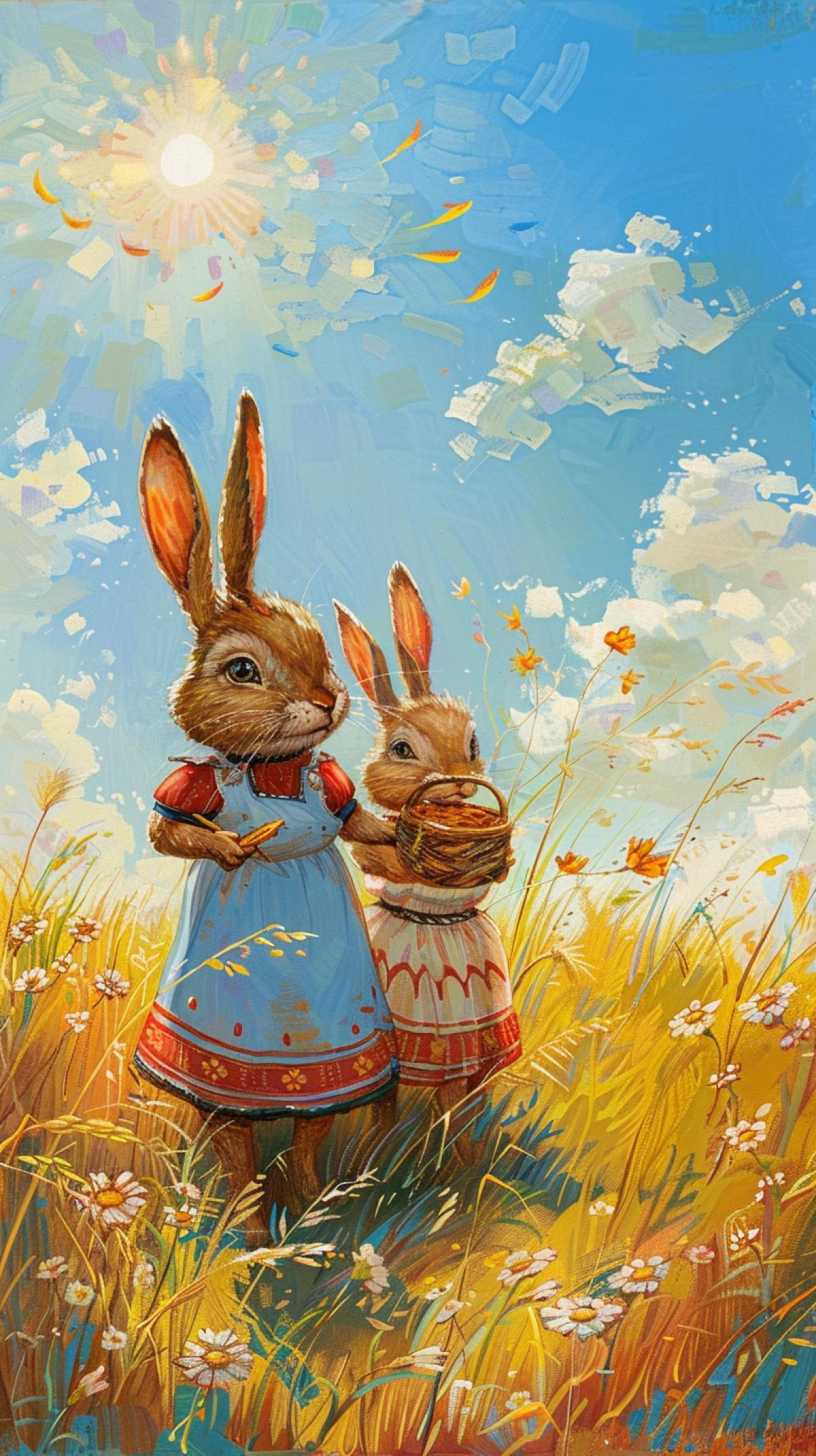 In the foreground, the family of fabulous hares in Russian national costumes goes to the fair from the basket of the world on the way through the meadow with high grass, in the sky the sun and light clouds, illustration for the childrens book, high quality